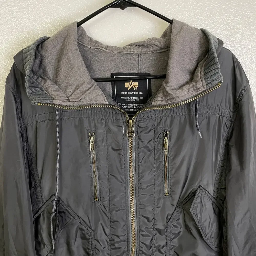 Alpha Industries Flight Jacket Mens Medium Grey Outdoors Full Zip Lined Hooded - Picture 6 of 10